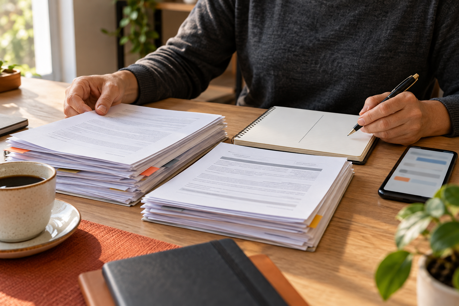 Pessoa compara documentos e registros de contribuição sobre uma mesa, com celular ao lado.
